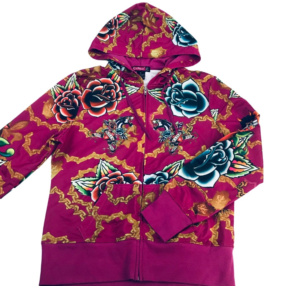 🔥LAST ONE Fuchsia Tattoo Print Hoodie - Picture 3 of 3